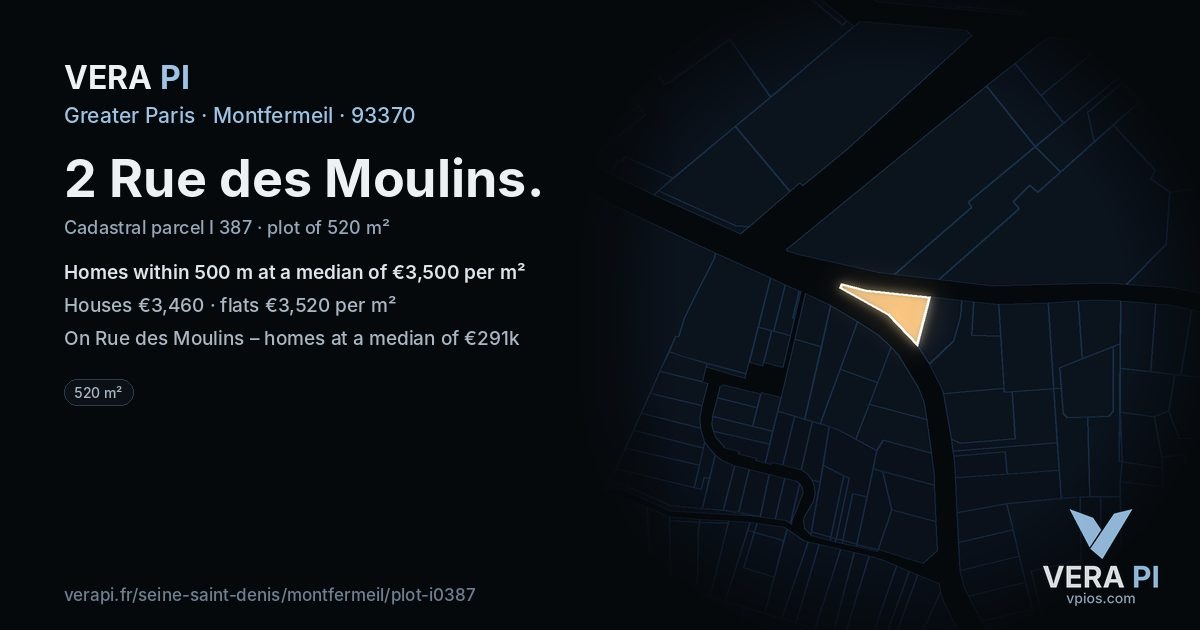 2 Rue des Moulins, Montfermeil at night – the plot lit, the parcels around coloured by the prices near them