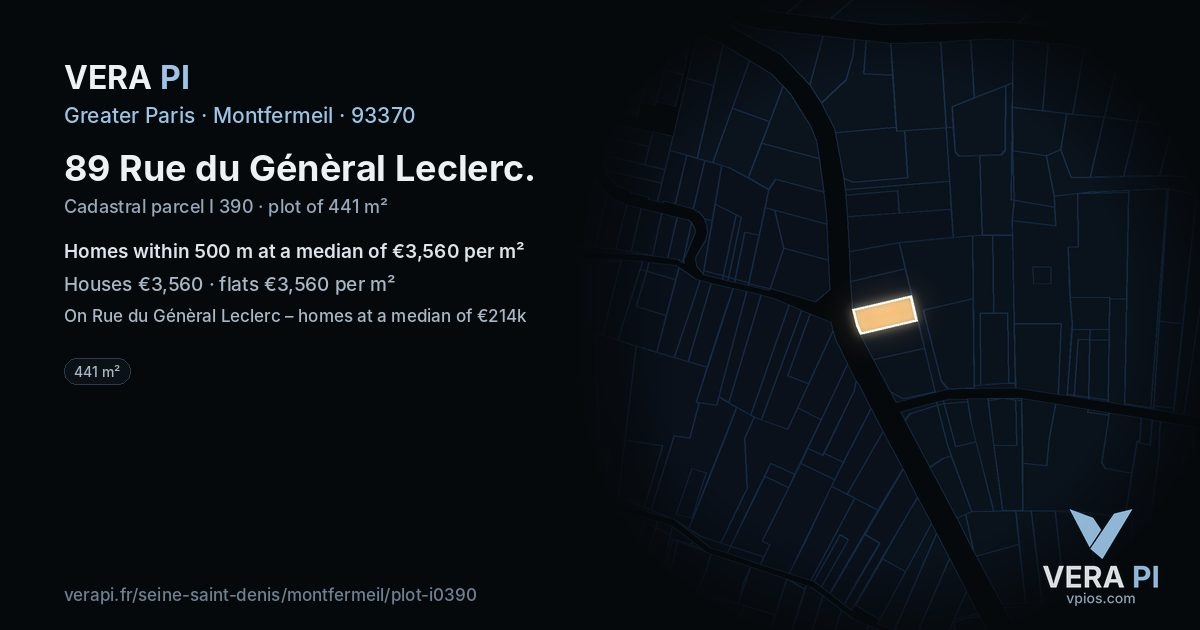 89 Rue du Génèral Leclerc, Montfermeil at night – the plot lit, the parcels around coloured by the prices near them