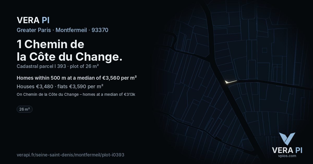 1 Chemin de la Côte du Change, Montfermeil at night – the plot lit, the parcels around coloured by the prices near them