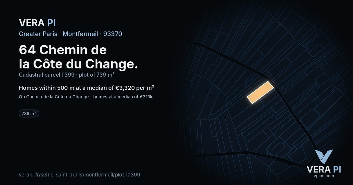 64 Chemin de la Côte du Change, Montfermeil at night – the plot lit, the parcels around coloured by the prices near them