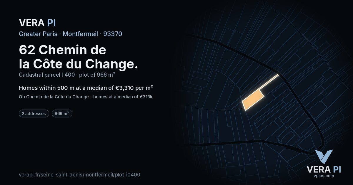 62 Chemin de la Côte du Change, Montfermeil at night – the plot lit, the parcels around coloured by the prices near them
