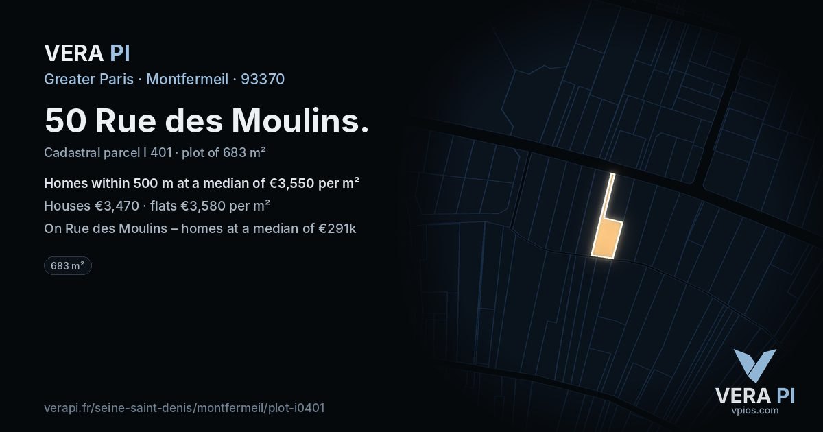 50 Rue des Moulins, Montfermeil at night – the plot lit, the parcels around coloured by the prices near them