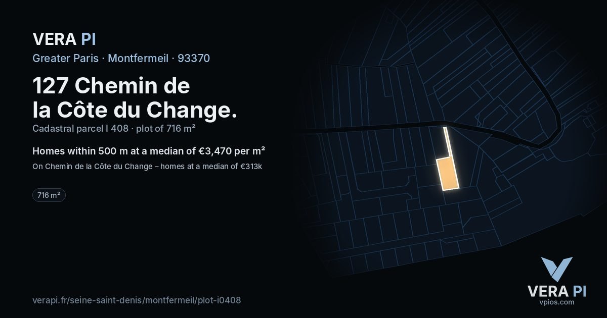 127 Chemin de la Côte du Change, Montfermeil at night – the plot lit, the parcels around coloured by the prices near them