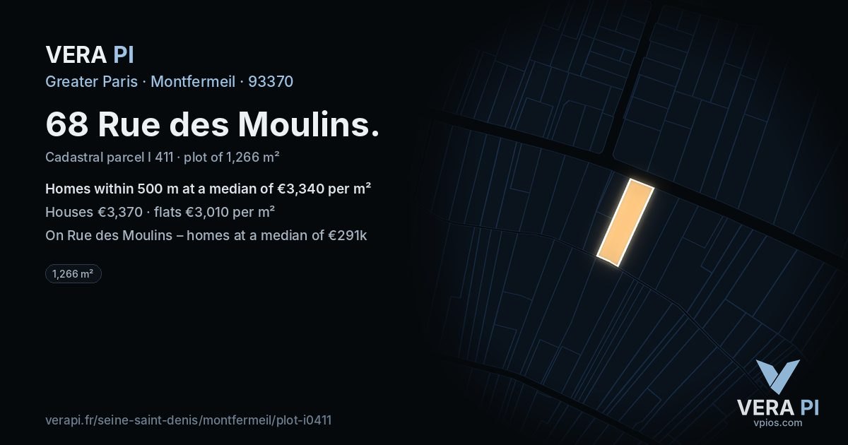 68 Rue des Moulins, Montfermeil at night – the plot lit, the parcels around coloured by the prices near them