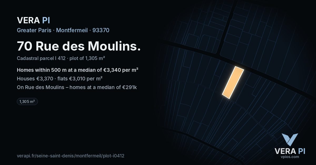 70 Rue des Moulins, Montfermeil at night – the plot lit, the parcels around coloured by the prices near them