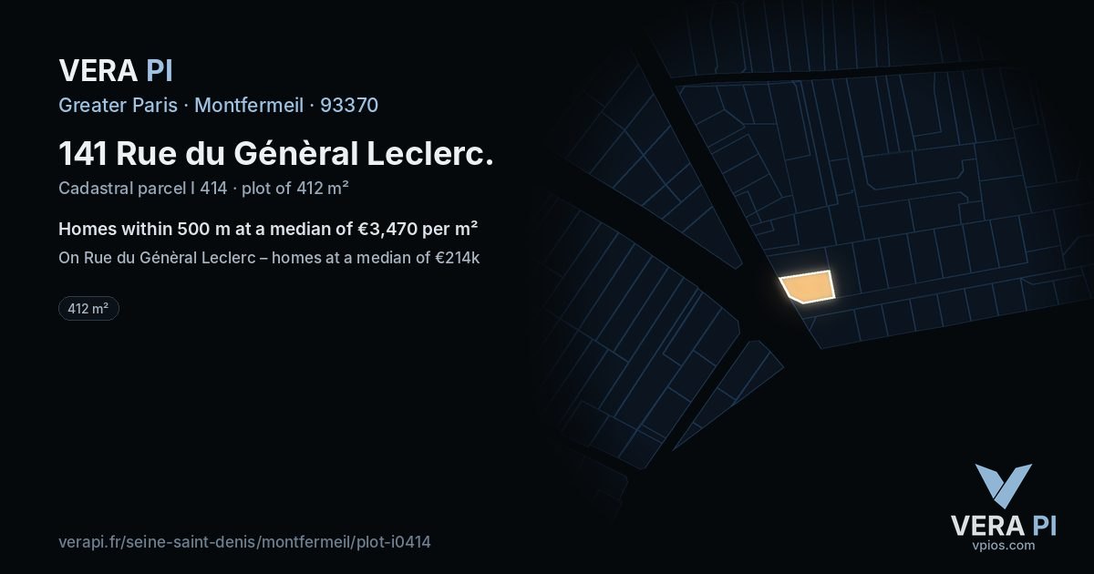 141 Rue du Génèral Leclerc, Montfermeil at night – the plot lit, the parcels around coloured by the prices near them