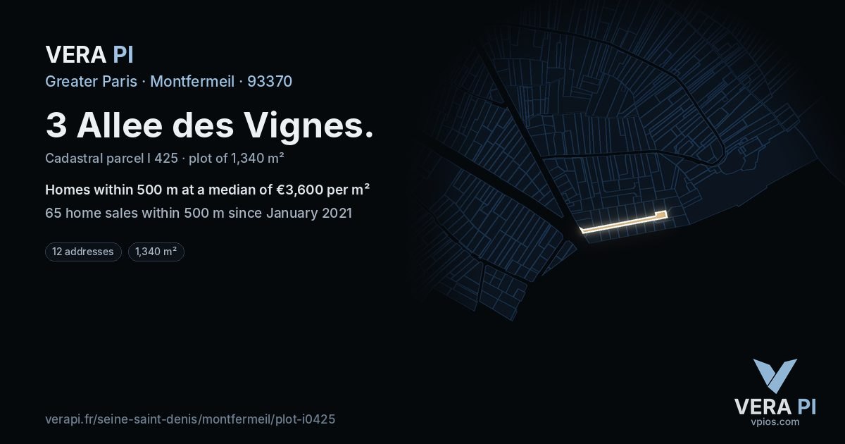 3 Allee des Vignes, Montfermeil at night – the plot lit, the parcels around coloured by the prices near them