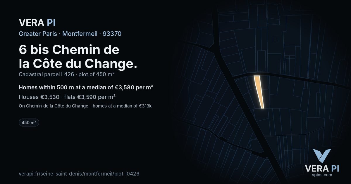 6 bis Chemin de la Côte du Change, Montfermeil at night – the plot lit, the parcels around coloured by the prices near them