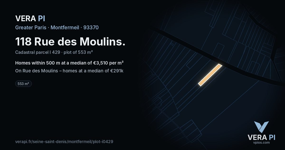 118 Rue des Moulins, Montfermeil at night – the plot lit, the parcels around coloured by the prices near them