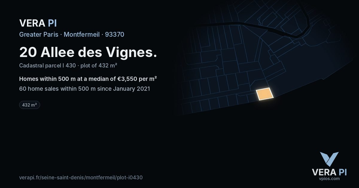 20 Allee des Vignes, Montfermeil at night – the plot lit, the parcels around coloured by the prices near them