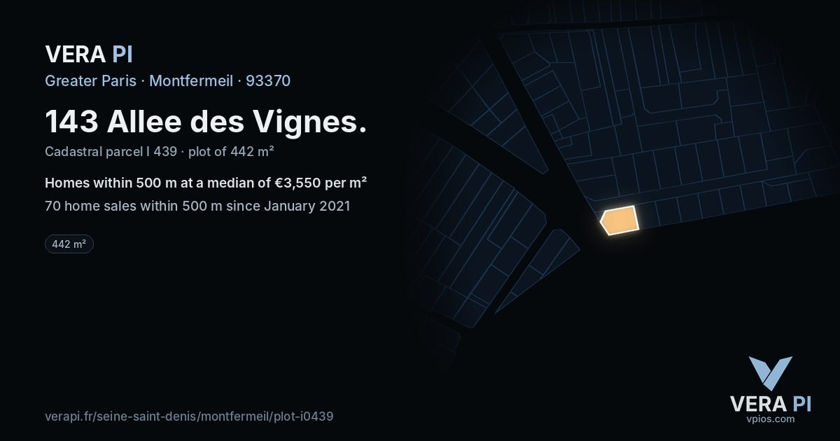 143 Allee des Vignes, Montfermeil at night – the plot lit, the parcels around coloured by the prices near them