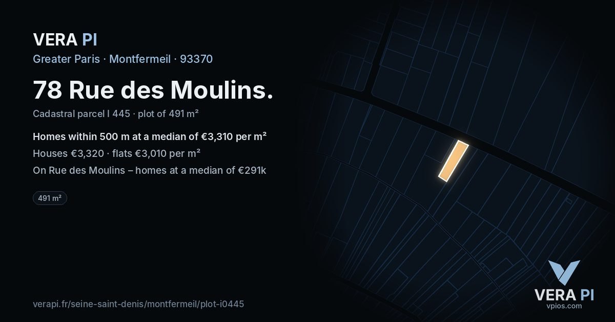 78 Rue des Moulins, Montfermeil at night – the plot lit, the parcels around coloured by the prices near them