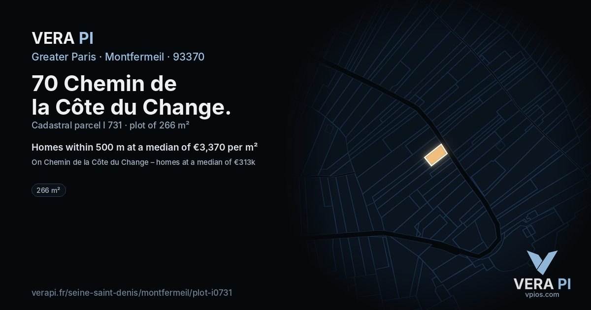 70 Chemin de la Côte du Change, Montfermeil at night – the plot lit, the parcels around coloured by the prices near them