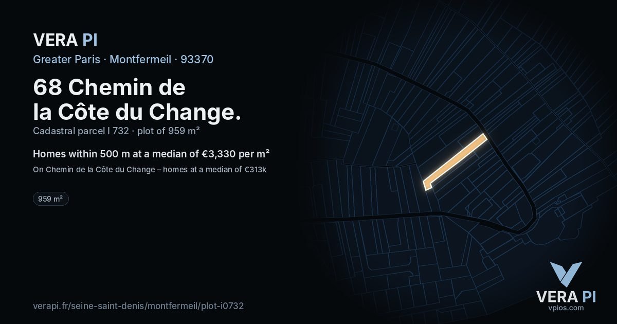 68 Chemin de la Côte du Change, Montfermeil at night – the plot lit, the parcels around coloured by the prices near them