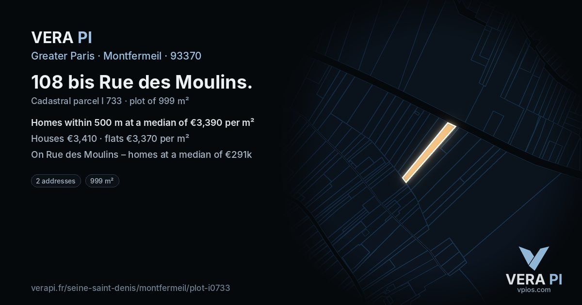108 bis Rue des Moulins, Montfermeil at night – the plot lit, the parcels around coloured by the prices near them