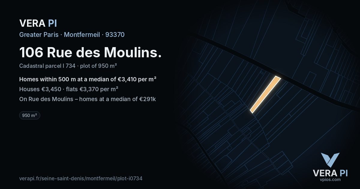 106 Rue des Moulins, Montfermeil at night – the plot lit, the parcels around coloured by the prices near them