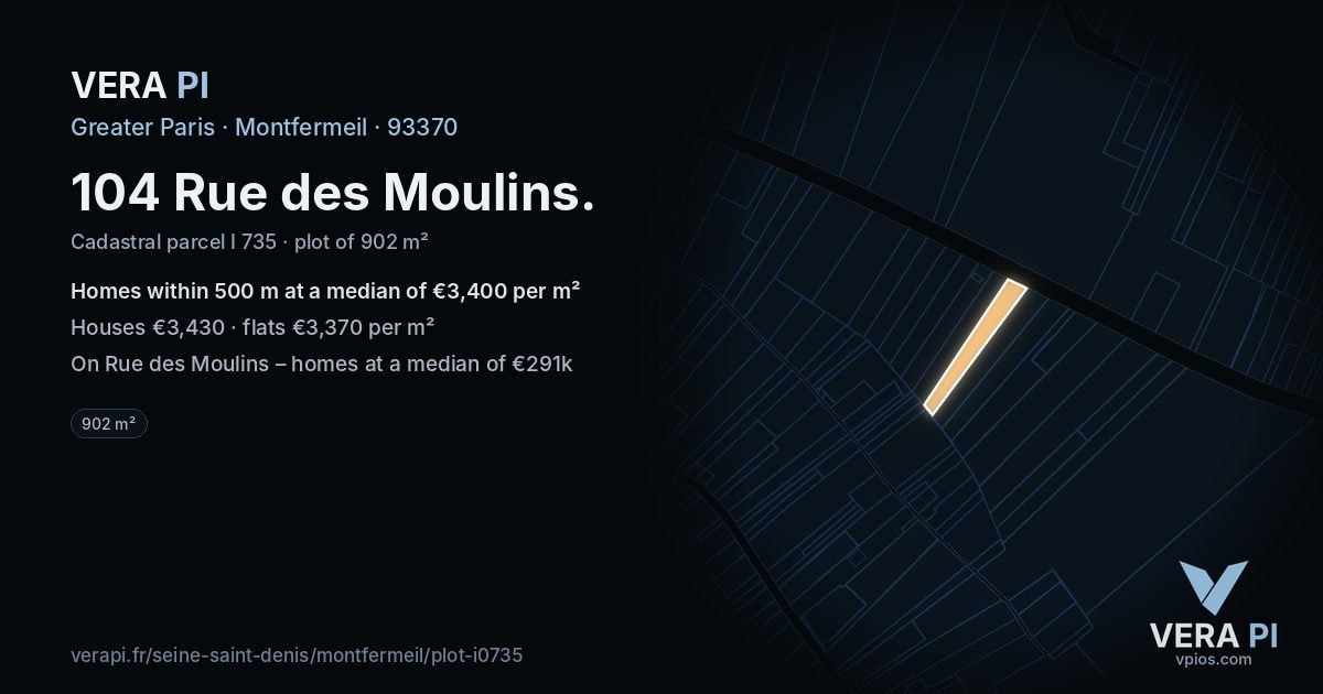 104 Rue des Moulins, Montfermeil at night – the plot lit, the parcels around coloured by the prices near them