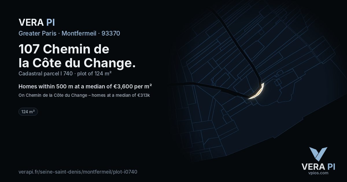 107 Chemin de la Côte du Change, Montfermeil at night – the plot lit, the parcels around coloured by the prices near them