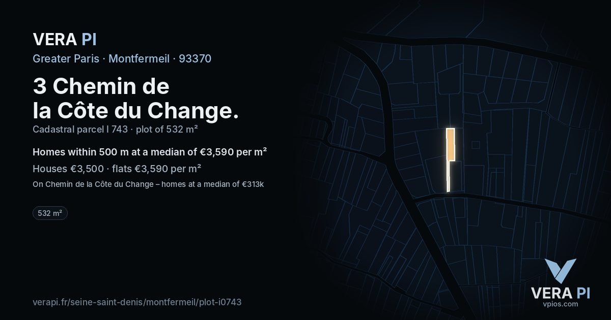 3 Chemin de la Côte du Change, Montfermeil at night – the plot lit, the parcels around coloured by the prices near them