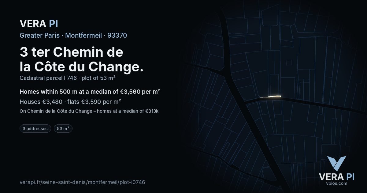 3 ter Chemin de la Côte du Change, Montfermeil at night – the plot lit, the parcels around coloured by the prices near them
