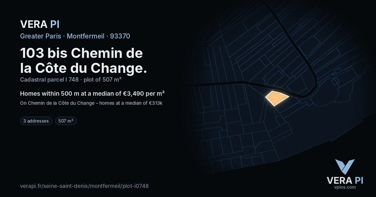 103 bis Chemin de la Côte du Change, Montfermeil at night – the plot lit, the parcels around coloured by the prices near them