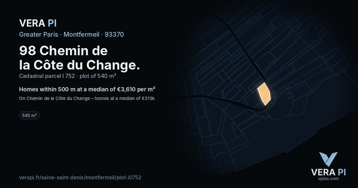 98 Chemin de la Côte du Change, Montfermeil at night – the plot lit, the parcels around coloured by the prices near them