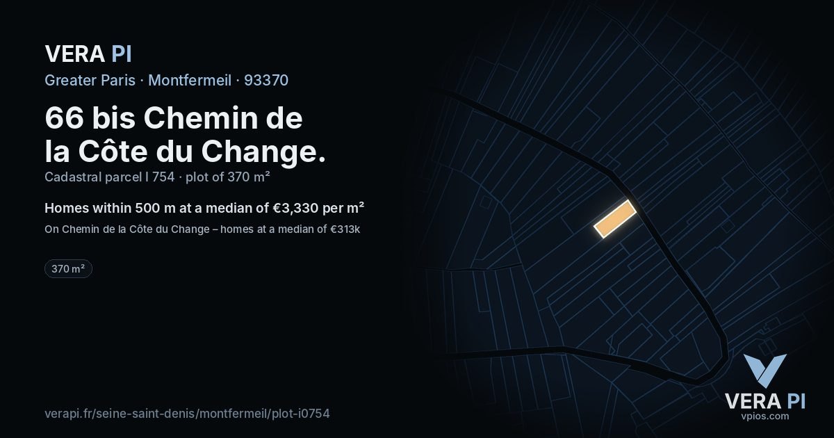 66 bis Chemin de la Côte du Change, Montfermeil at night – the plot lit, the parcels around coloured by the prices near them
