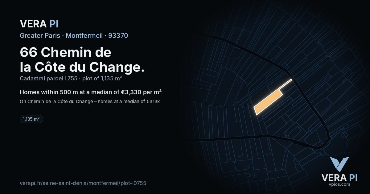 66 Chemin de la Côte du Change, Montfermeil at night – the plot lit, the parcels around coloured by the prices near them