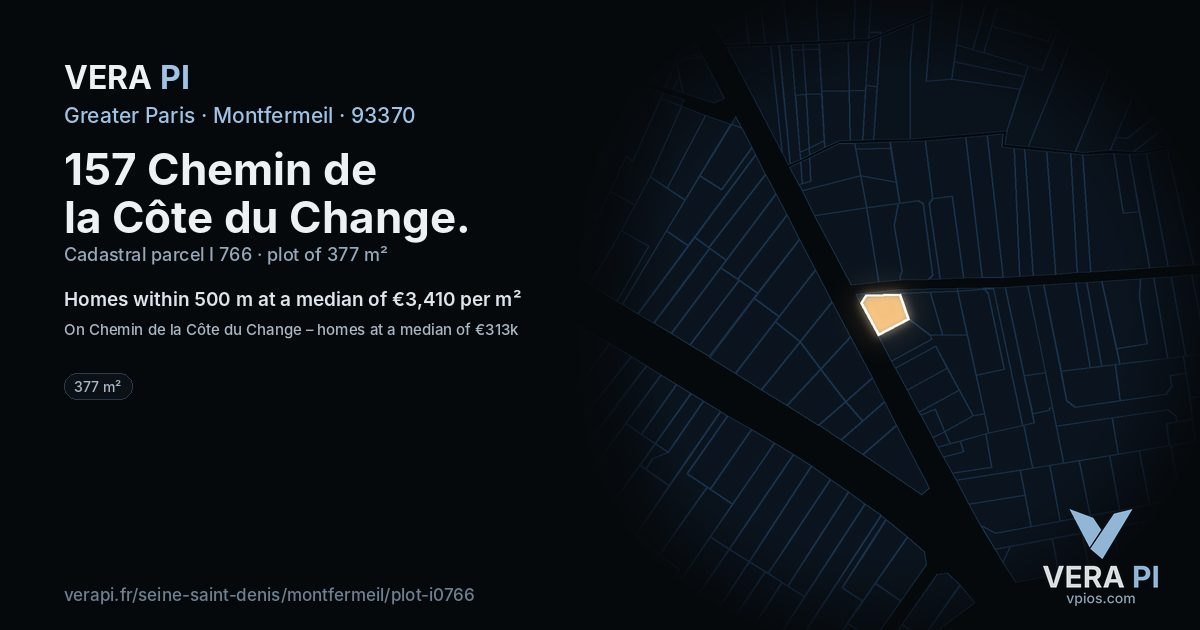 157 Chemin de la Côte du Change, Montfermeil at night – the plot lit, the parcels around coloured by the prices near them