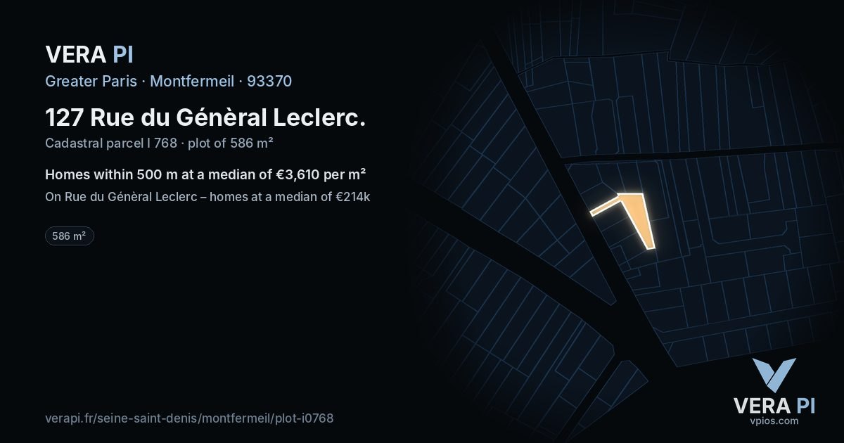 127 Rue du Génèral Leclerc, Montfermeil at night – the plot lit, the parcels around coloured by the prices near them