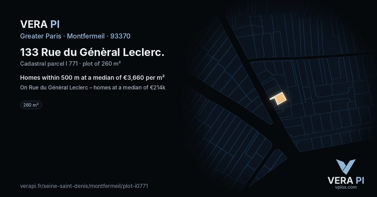 133 Rue du Génèral Leclerc, Montfermeil at night – the plot lit, the parcels around coloured by the prices near them