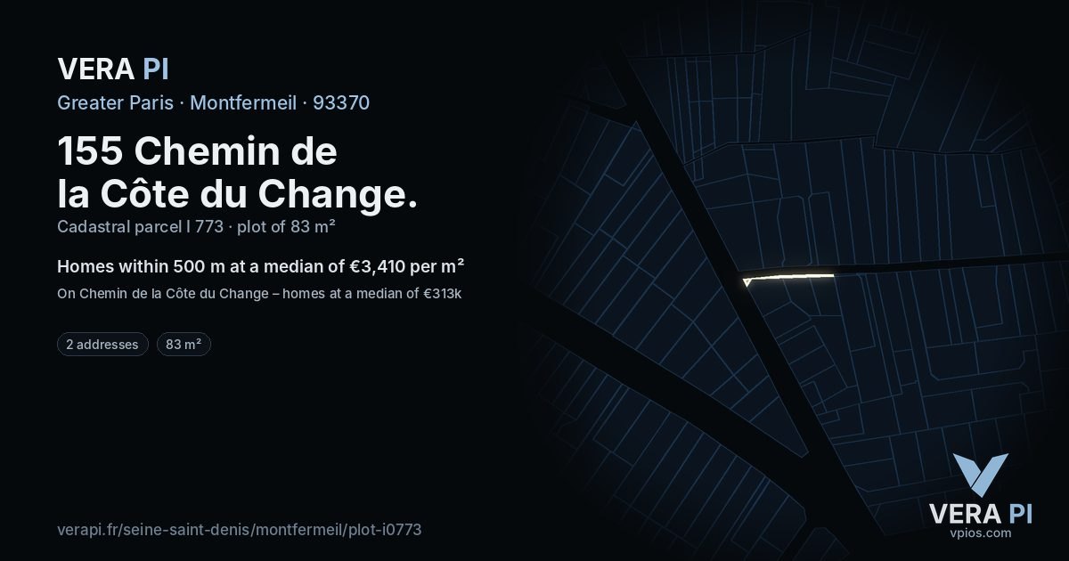 155 Chemin de la Côte du Change, Montfermeil at night – the plot lit, the parcels around coloured by the prices near them
