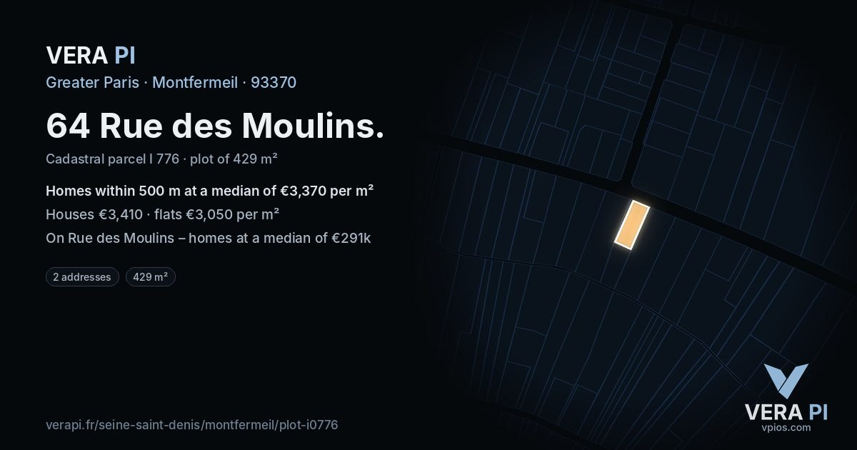 64 Rue des Moulins, Montfermeil at night – the plot lit, the parcels around coloured by the prices near them