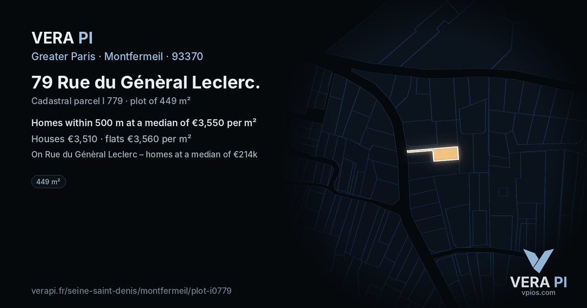 79 Rue du Génèral Leclerc, Montfermeil at night – the plot lit, the parcels around coloured by the prices near them