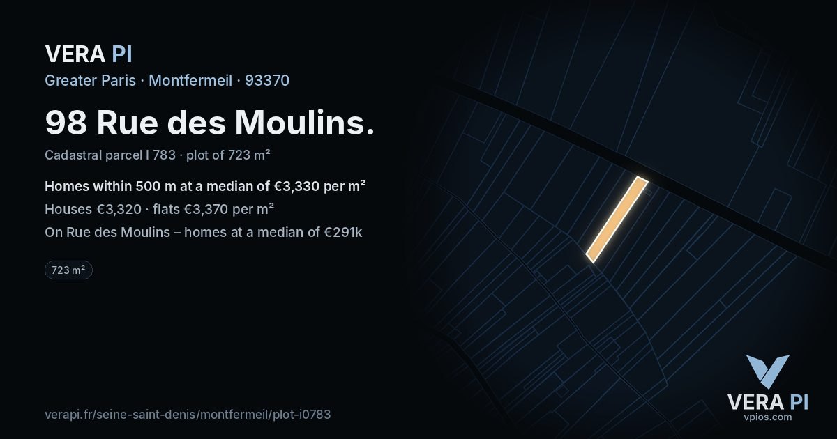 98 Rue des Moulins, Montfermeil at night – the plot lit, the parcels around coloured by the prices near them