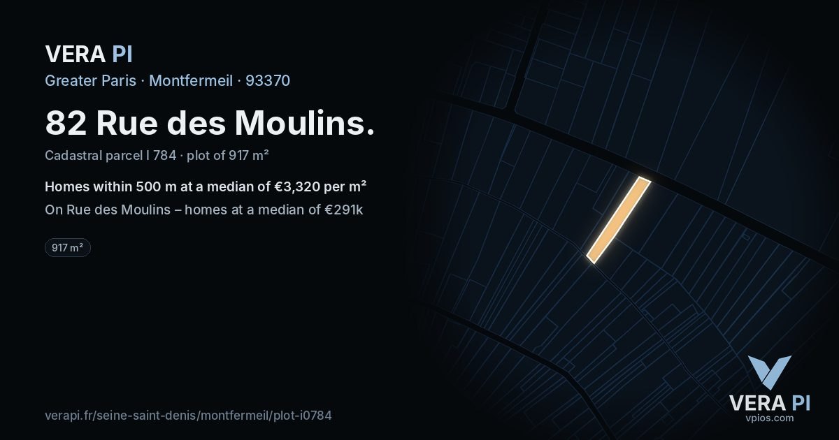 82 Rue des Moulins, Montfermeil at night – the plot lit, the parcels around coloured by the prices near them