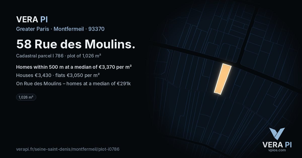 58 Rue des Moulins, Montfermeil at night – the plot lit, the parcels around coloured by the prices near them