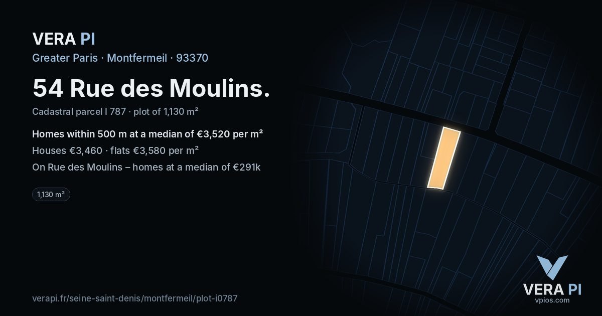 54 Rue des Moulins, Montfermeil at night – the plot lit, the parcels around coloured by the prices near them