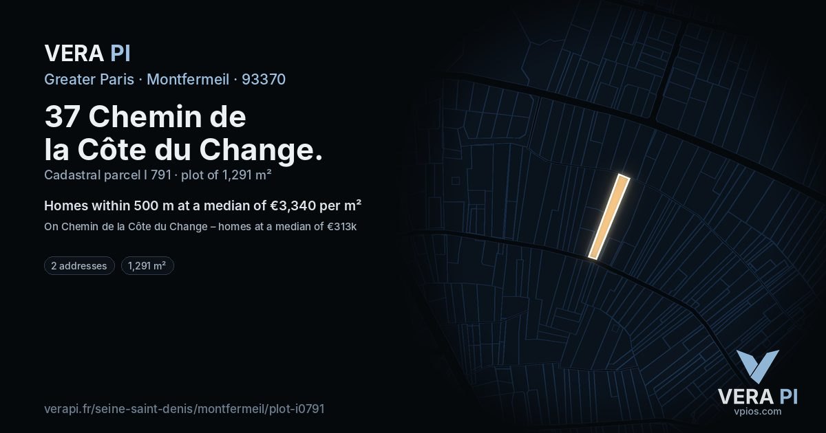 37 Chemin de la Côte du Change, Montfermeil at night – the plot lit, the parcels around coloured by the prices near them