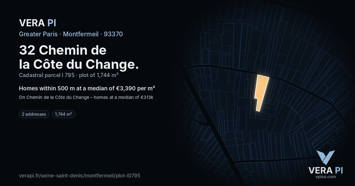 32 Chemin de la Côte du Change, Montfermeil at night – the plot lit, the parcels around coloured by the prices near them