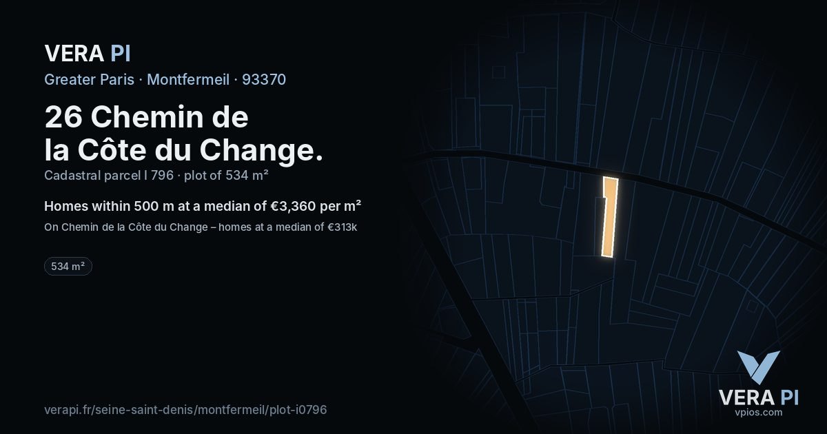 26 Chemin de la Côte du Change, Montfermeil at night – the plot lit, the parcels around coloured by the prices near them