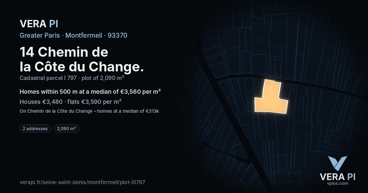 14 Chemin de la Côte du Change, Montfermeil at night – the plot lit, the parcels around coloured by the prices near them