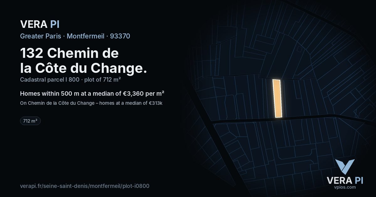 132 Chemin de la Côte du Change, Montfermeil at night – the plot lit, the parcels around coloured by the prices near them