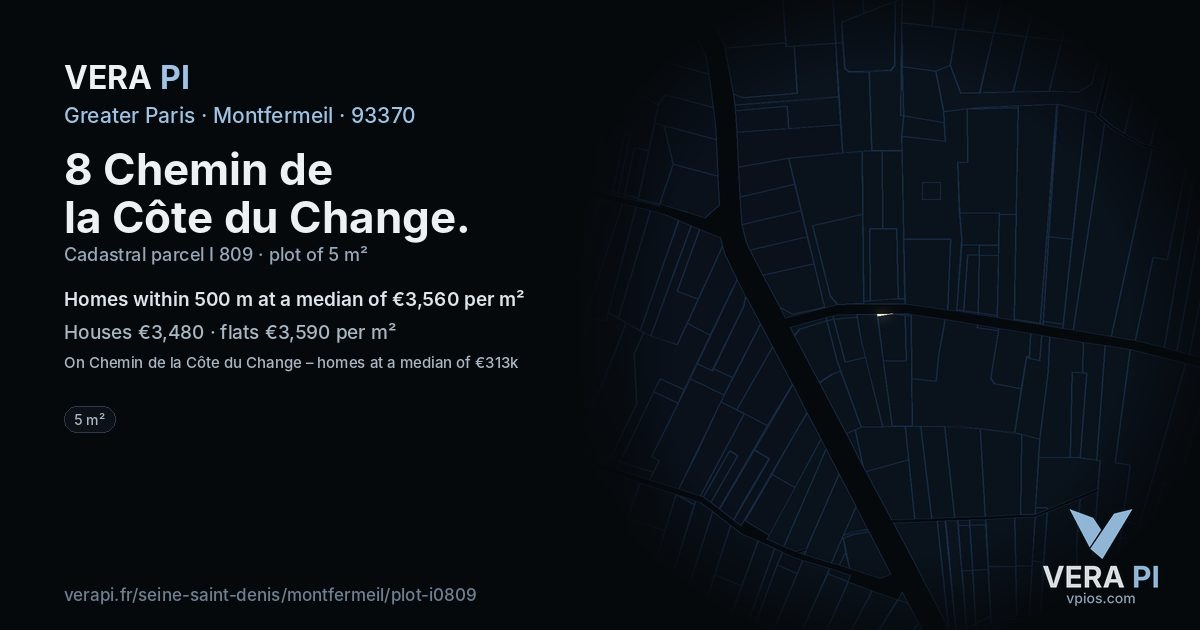 8 Chemin de la Côte du Change, Montfermeil at night – the plot lit, the parcels around coloured by the prices near them