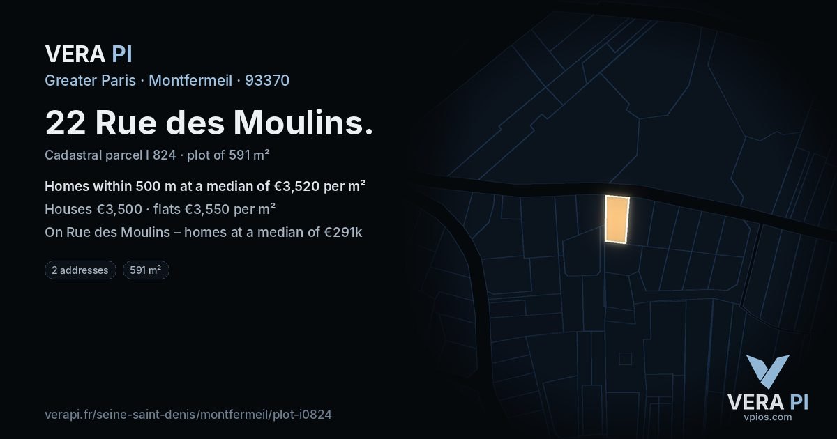 22 Rue des Moulins, Montfermeil at night – the plot lit, the parcels around coloured by the prices near them