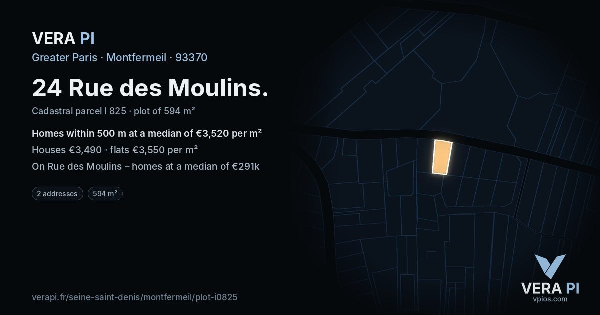 24 Rue des Moulins, Montfermeil at night – the plot lit, the parcels around coloured by the prices near them