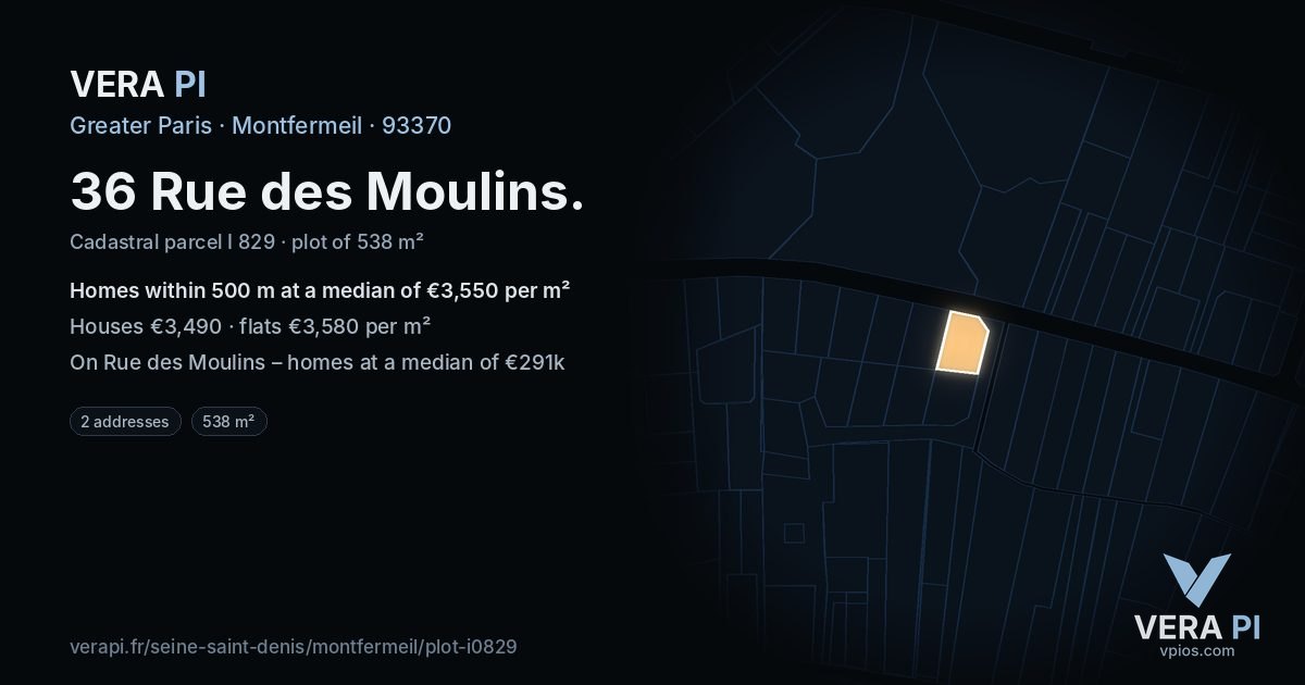 36 Rue des Moulins, Montfermeil at night – the plot lit, the parcels around coloured by the prices near them