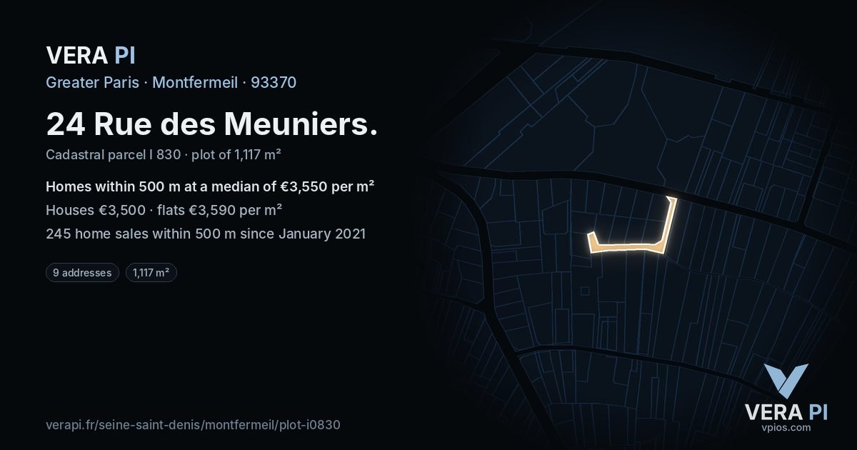24 Rue des Meuniers, Montfermeil at night – the plot lit, the parcels around coloured by the prices near them