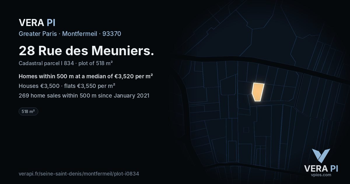 28 Rue des Meuniers, Montfermeil at night – the plot lit, the parcels around coloured by the prices near them