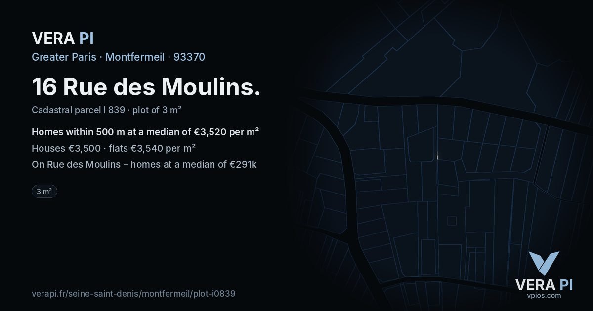 16 Rue des Moulins, Montfermeil at night – the plot lit, the parcels around coloured by the prices near them